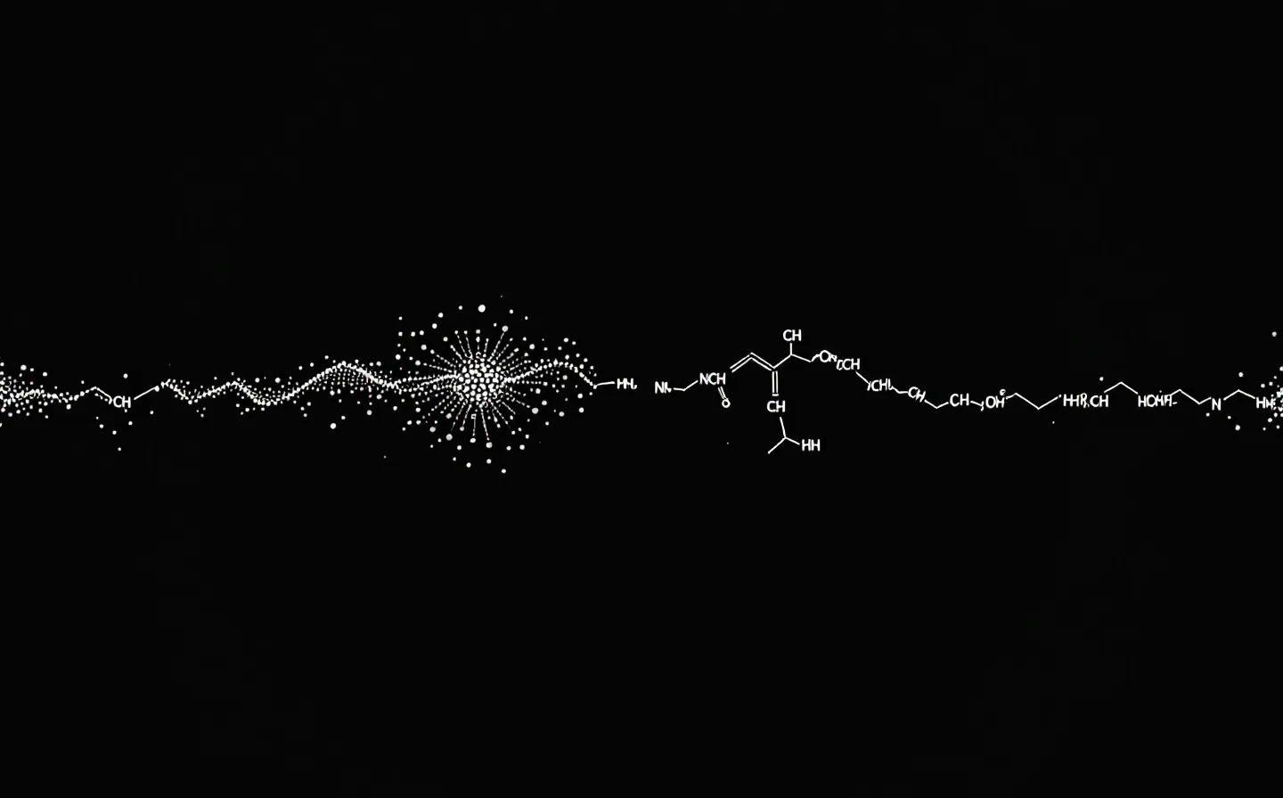 A long viridian peptide chain and a short lichen pentapeptide developing side by side on a darkroom-black ground